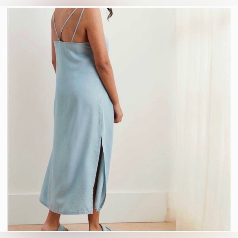 Aerie Women's Chambray Spaghetti Straps Midi Slip Dress Side Slits - Picture 4 of 7